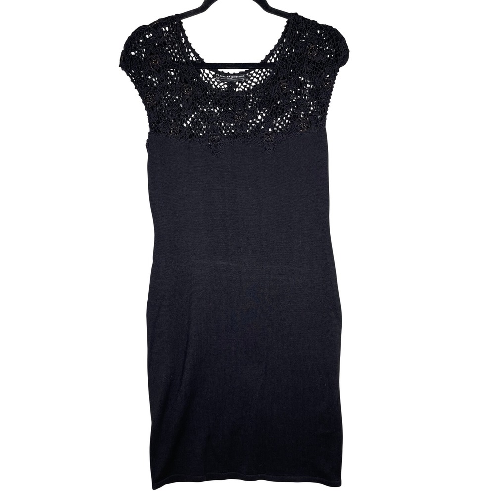 Peruvian Connection Knit Dress Womens M Black Very Good Crochet Lace Pima Cotton